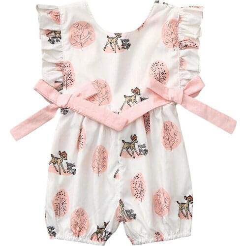 Newborn Baby Girls Boys Cartoon Romper Cute Deer Print Ribbon Bowknot Rompers Summer Sleeveless Jumpsuit Infant Toddler Clothes