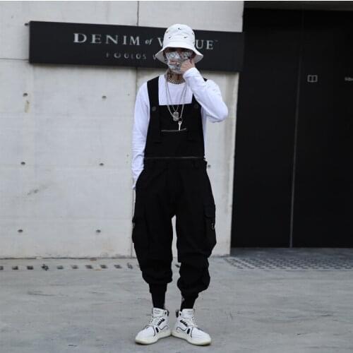 Autumn mens work clothes suspenders hair stylist dark functional casual pants teenagers loose Hip Hop Pants