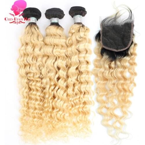 QUEEN 1B 613 Russian Blonde Color Peruvian Hair Deep Wave 3/4 Bundles with Closure Ombre Remy Human Hair with 4x4 Lace Closure