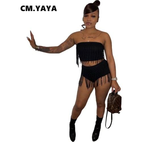 CM.YAYA Women Set Solid Tassel Sleeveless Strapless Crop Tops Mid Waist Shorts Two 2 Piece Sets Sexy Tracksuit Summer Outfits