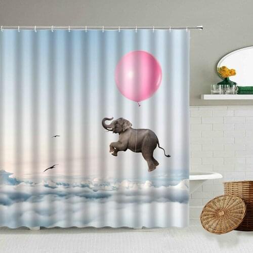 African Animal Fun Elephant Cloud Flying Shower Curtain Family Bathroom Decoration Hanging Waterproof Cloth Curtains With hook