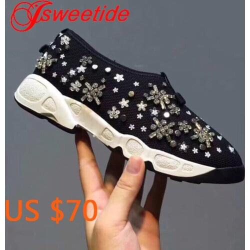 Women Flats Mesh Casual Shoes Summer Spring Womens Sneakers Fashion Brand Embroidered Breathable Hollow Crystal Women Sneakers