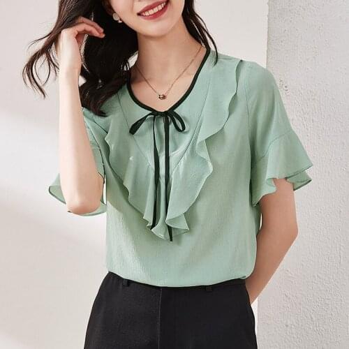 2021Women Spring Summer Style Chiffon Blouses Shirts Lady Casual Short Lotus sleeve Bow Tie Collar Tops