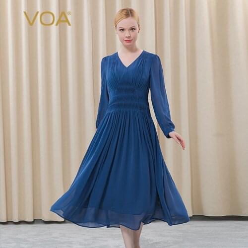 VOA Silk Georgette 12M/m V-neck Lantern Sleeve Woman Dress Sea Blue High Waist Stereo Organ Pleat Double Elegant Dress AE520