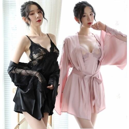 2PCS Silk Satin Lace Sexy Lingerie Mini Dress Nightgowns Robes Sets for Women Summer Bathrobe Sleepwear Nightdress Night Dress