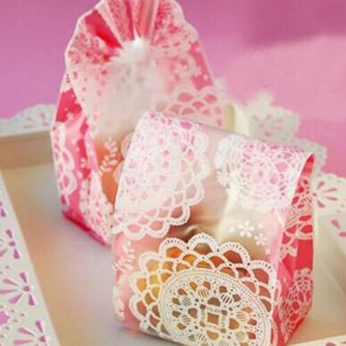 50pcs Lace Pink Candy Cookie Bags Stand Up Open Top Frosted Plastic Bag Wedding Party Gift Packaging Bag Wrapping Supplies
