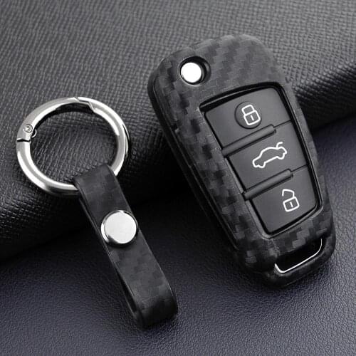 Auto Car Flip Key Case Scratch Proof Protective Key Cover Fob Clasp Ring For Audi A1 A3 S3 Q3 Q7 TT Carbon Fiber Rubber