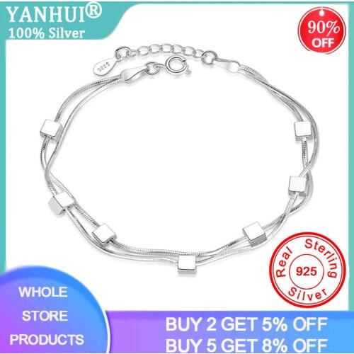 YANHUI Original 925 Sterling Silver Bracelet Square Box Star Double Chain Adjustable Bracelet Anklet For Women Pulseira SLK22