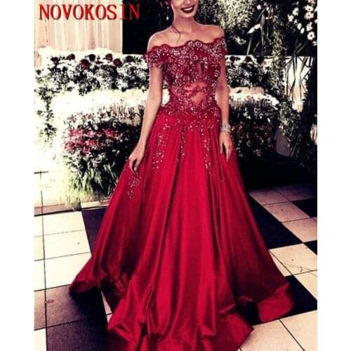 Off Shoulder Applique Beading See Through Long Prom Dress 2019 Red A Line Arabic Party Formal Evening Gown Evening Dress