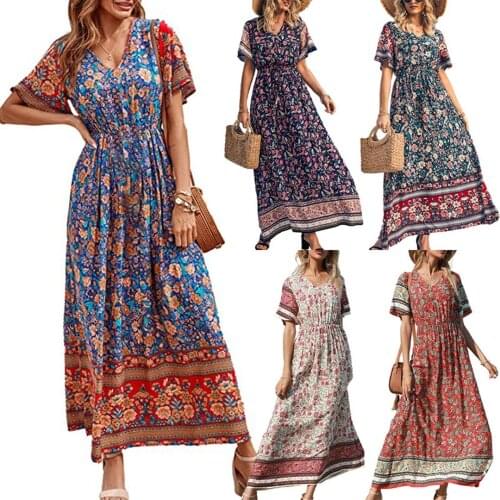 Elegant Womens Convertible Boho Maxi Club Floral Print Maxi Beach Dress 2020 V Neck Robe Club Long Dress Ladies Party