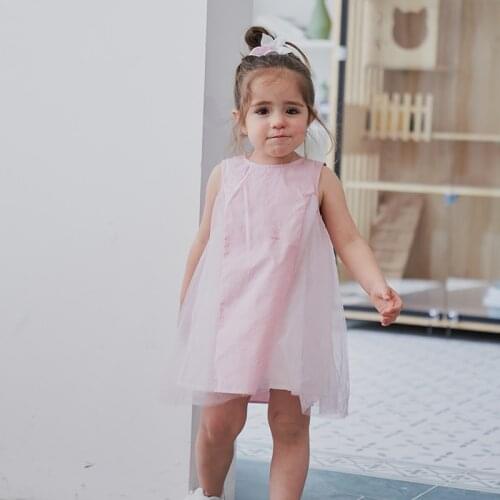 Hollead Girl Pink Sleeveless Princess Dress Cute Mesh Patchwork Children Clothing Summer Fashion Party Casual Cotton Dresses