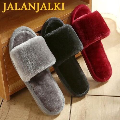 JALANJALKI Winter Slipper Women Indoor Soft Fur Warm Home Flat Floor Shoes Coulpe Bedroom Non-slip Sandals Black Men Slippers