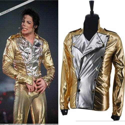 Classic MJ Michael Jackson History BAD Golden Spandex Double Breasted Woven Jacket Performance Halloween Costume Gift