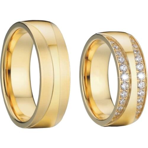 Classic Alliances Marriage Couple Wedding Rings set for men and women cz zircon jewelry Gold color stainless steel jewelry