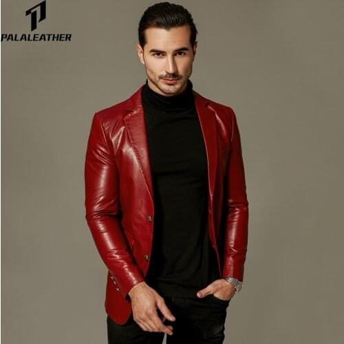 Classic Red Buttoned Goatskin Blazer Leather Jacket