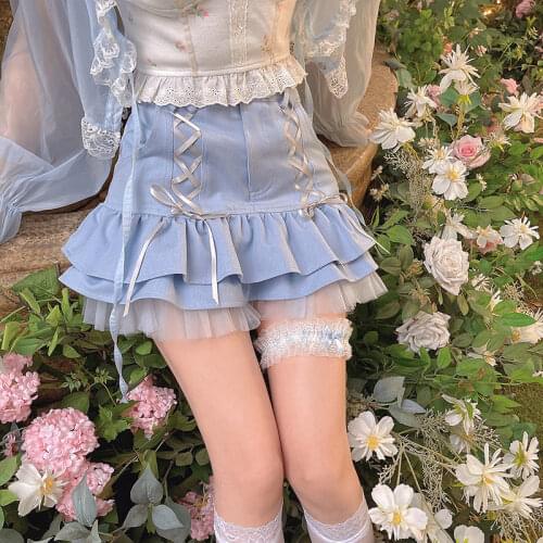 Sweet Girls Kawaii Mini Skirt Japanese Style Elegant Lace Bandage Y2k Lolita Skirt Women Summer Casual Sexy Short Ruffles Skirts