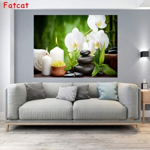 Zen Spa Still Life Diamond Painting white orchid stone Diamond Embroidery All Drill Rhinestone Picture by numbers decor PP1434