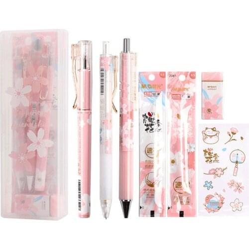8 PCS Cherry Blossom Gel Pen Set 0.5 Mm Gel Pen Mechanical Pencil with Eraser Cute Sticker Gift Stationery Box Office Supplies