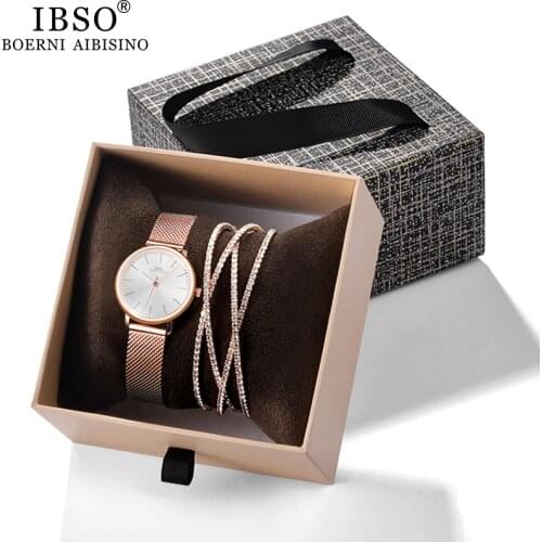 IBSO Brand Womens Quartz Watch Bangle Set Luxury Rose Gold Hours Crystal Bracelets Christmas Gift Crystal Bangle Watch Set