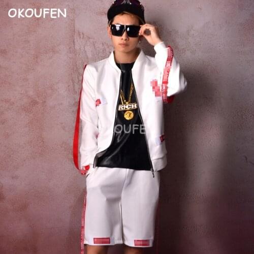 2018 New fashion White Red ribbon baseball uniform suit nightclub bar singer DJ show costume hairdresser star performance wear