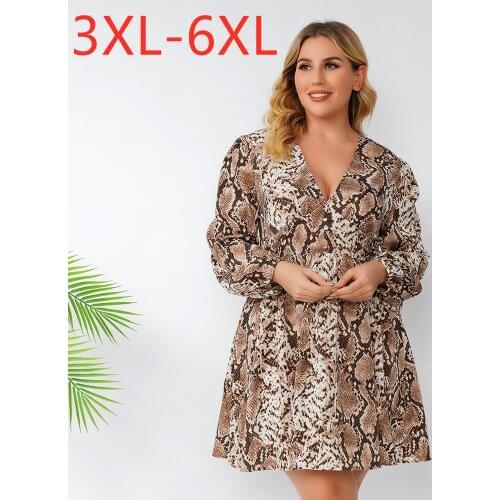 New 2021 Ladies Spring Autumn Plus Size Midi Dress For Women Large Long Sleeve Large Slim Serpentine Print Dress 3XL 4XL 5XL 6XL