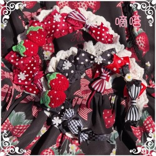Original Lolita Hand-Made KC Can Be Matched with AP Strawberry Picking Sweet Hair Band Gadget Red and White Lolita