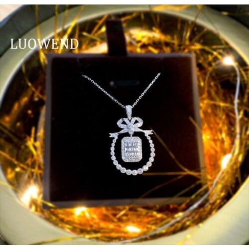 LUOWEND 100% 18K White Gold Pendant Necklace Luxury Real Diamond Necklace Chain Proposal Female Wedding Anniversary Jewelry