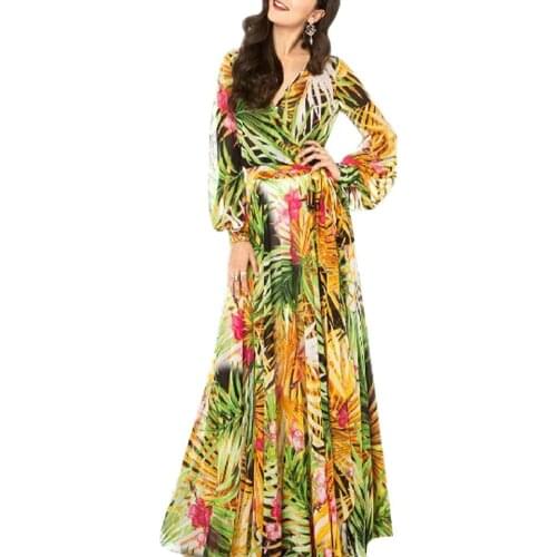 Elegant Party Womens Dress boho summer Plus Size Bohemia Beach Women Robe Leaves Print V Neck Long Lantern Sleeve Maxi Dress