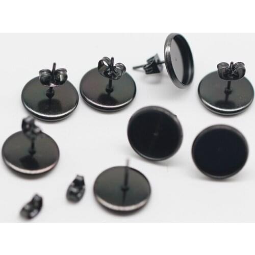 100pcs 316L Stainless Steel Black Earring Studs 6-20mm Blank Base With Butterfly Clasp Push For DIY Earring Accessories Making