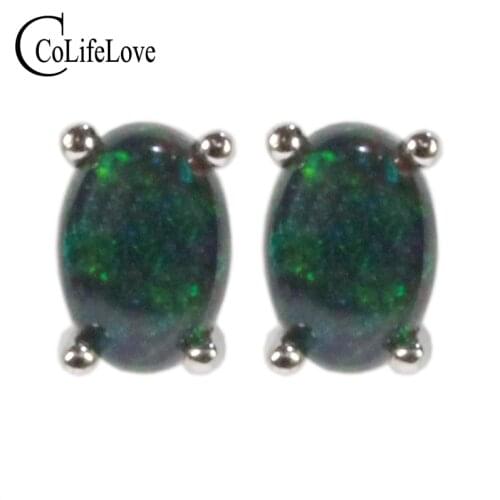 CoLife Jewelry Black Opal Stud Earrings 4*6mm Dyed Black Opal Silver Earrings Simple 925 Silver Gemstone Stud Earrings