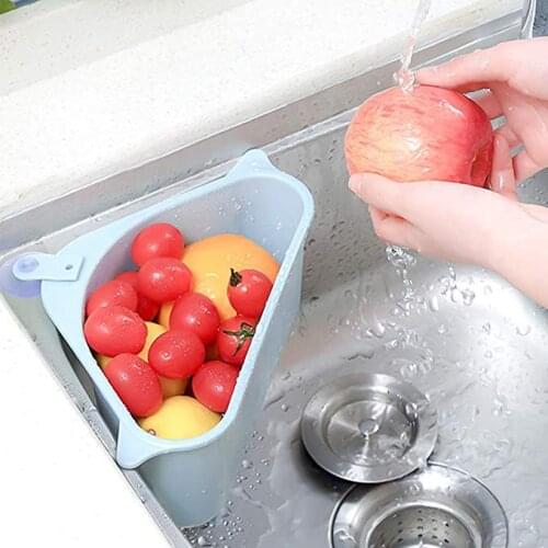 Kitchen Triangular Sink Strainer Drain Vegetable Fruit Drainer Basket Suction Cup Sponge Rack Storage ToolSink Filter Shelf