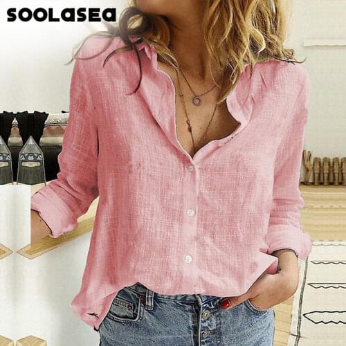 Soolasea Casual Long Sleeve Solid Loose Shirts Women Cotton Linen Blouses and Tops Vintage Streetwear White Blusas Female Tunic