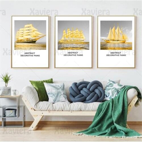 Modern Abstract Decorative Painting Gold Sailboat Ship Canvas Painting Home Decor Seascape Wall Pictures for Living Room Unframe