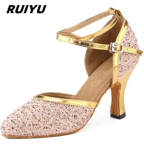 RUIYU Latin Dance Shoes Ladies tango Salsa Ballroom Sneakers High Heels Lace Pink