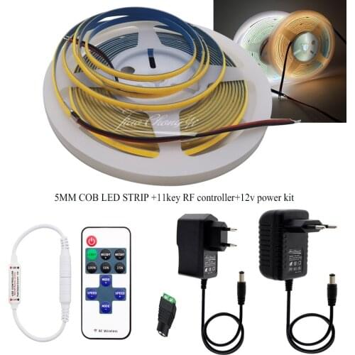 DC12V 5mm Super Thin COB Strip 384LEDs/m Soft Flexible LED Light Bar with 11key RF controller and 12v led pwoer kit
