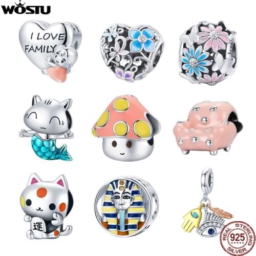 WOSTU New 925 Sterling Silver Love Family Flower Cat Lucky Egypt Eye Beads Charms Pendant Fit Original Bracelet Fashion Jewelry