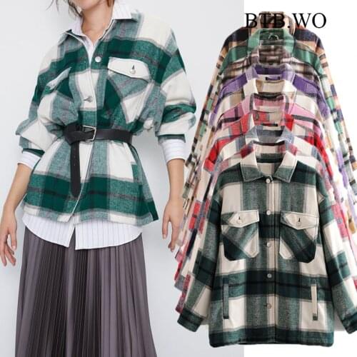TB.WO Casual Plaid Jacket Women Turn Down Collar Fashion Coat With Pockets Oversized Jacket Coat Casual Warm Chic Tops