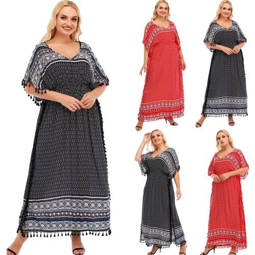 Muslim Women Printed Long Dress Abaya Arabic Summer Kaftan Short Sleeve Ethnic Bohemian V-neck Casual Loose Ramadan Dubai Robe