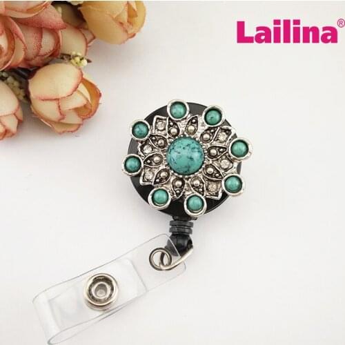 20pcs New Style Blue Acrylic Stone Metal Flower Rhinestone Retractable Badge Reels ID Card Holder