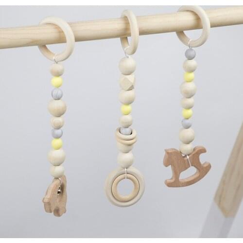 3pc Kids Rattle Toys for Nordic Baby Gym Play Nursery Sensory Ring-pull Teether Toy Stroller Wooden Pendant Toddler