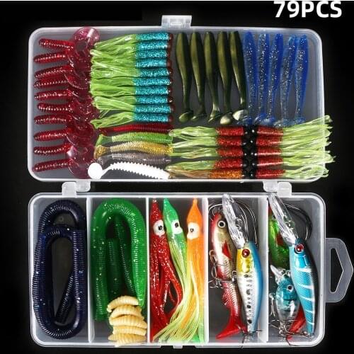 79Pcs/lot Fishing Lure Kit Mixed T tail Soft Worm Lure Earthworm Carp Jig Hooks Fishing Connector Fishing Accessories Set Pesca
