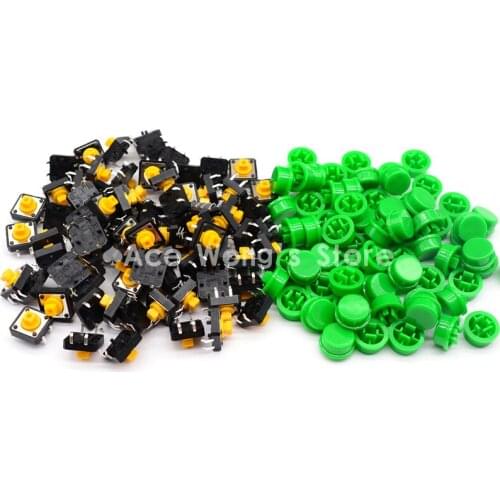 Free shipping,100PCS Tactile Push Button Switch Momentary 12*12*7.3MM Micro switch button + (100pcs Green Tact Cap)
