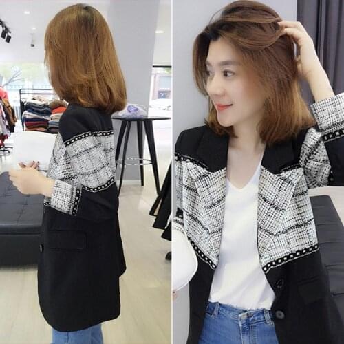 Black stitching plaid short jacket all-match small casual small suit womens spring new 2021 European station trend