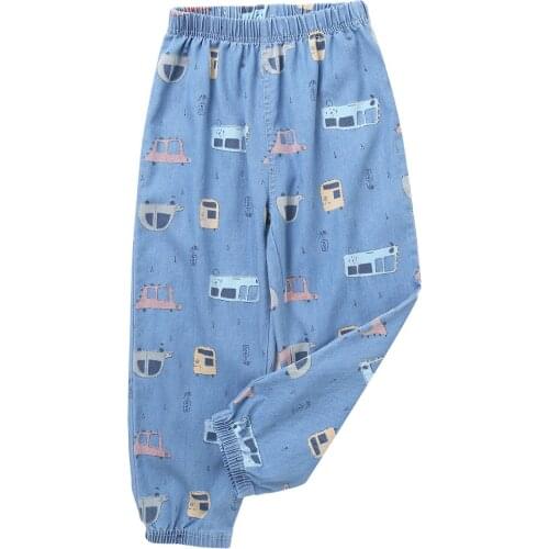 Kids Boys Summer Long Denim Pants Elastic Waistband Lovely Cartoon Pattern Casual Pants for Sport Casual Wear