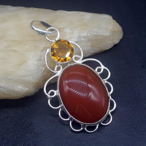 Gemstonefactory Jewelry Big Promotion 925 Silver Trendy Red Agate Yellow Citrine Women Ladies Gifts Necklace Pendant 1205