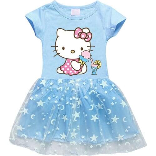 Sanrio Hello Kitty 2021 new girl dress cotton girl print cartoon star moon net yarn short-sleeved princess dress