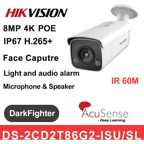 Hikvision 4K 8MP IP Camera DS-2CD2T86G2-ISU/SL DarkFighter AcuSense Bullet IP67 60M Smart H.265+ SD Slot Audio Alarm
