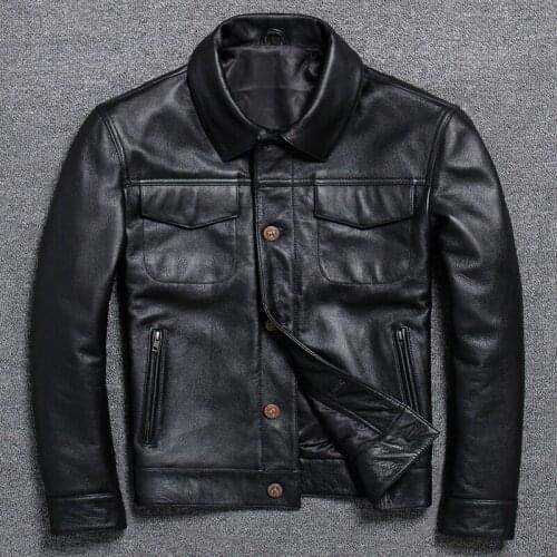 Cowhide male genuine leather clothing head layer skin lapel loose coat business affairs leisure time goatskin