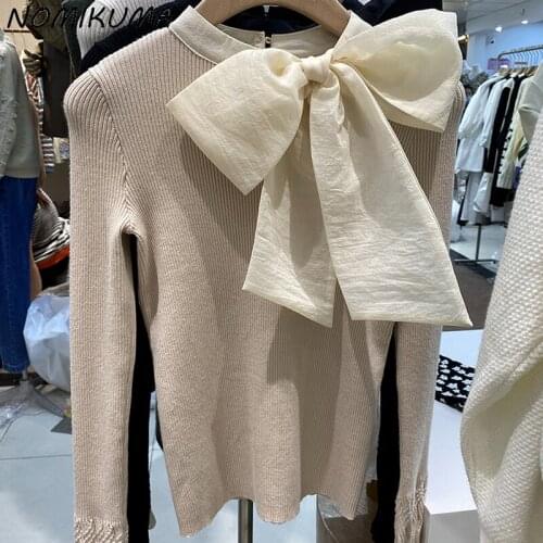 Nomikuma Sweet Bowknot O-neck Slim Pullover Knitwear 2021 Autumn New Flare Sleeve Knit Tops Autumn Winter Baisc Sweaters 6L573