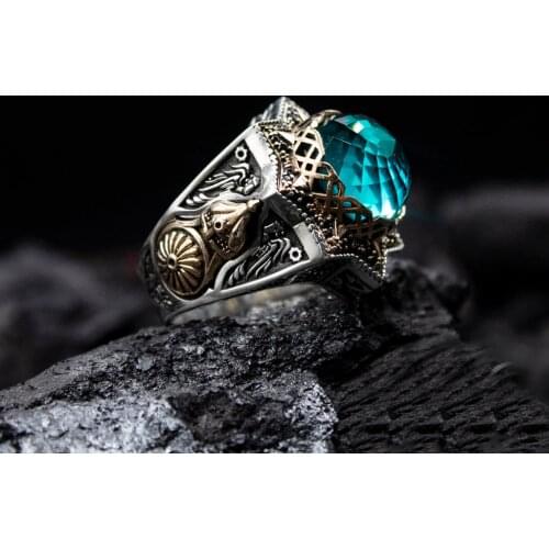 Aquamarine gemstone 925 sterling male ring jewelry accessory bar custom making ottoman nostalgia